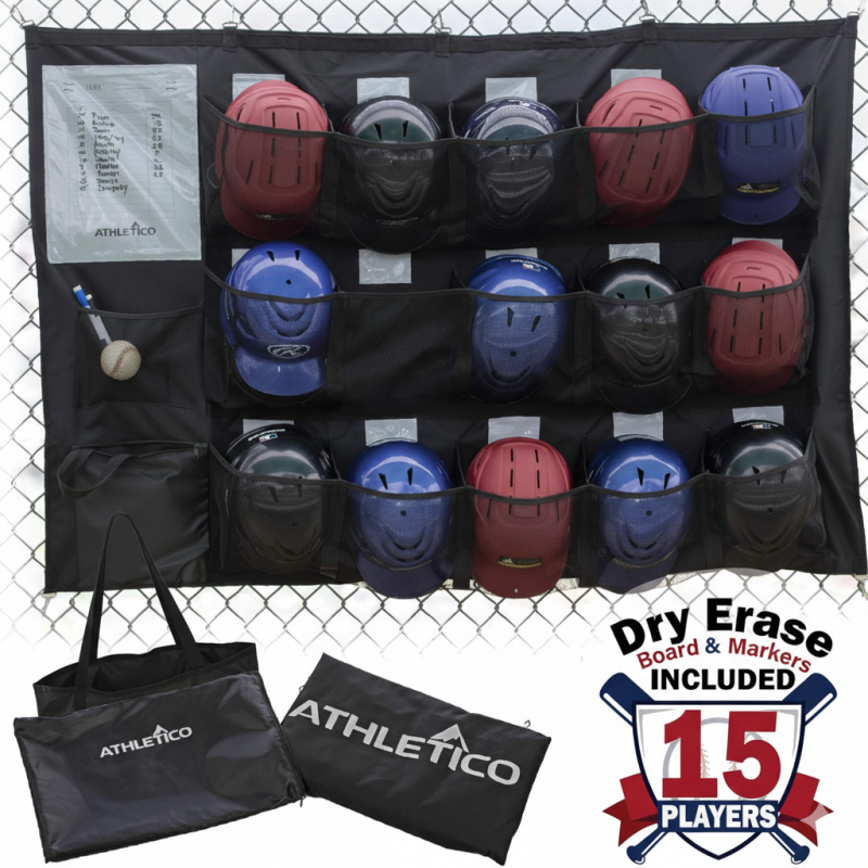 Athletico 15 Player Dugout Organizer with individual dedicated slots for each player's helmet and gear eliminating equipment pile chaos for organized competitive dugout management.