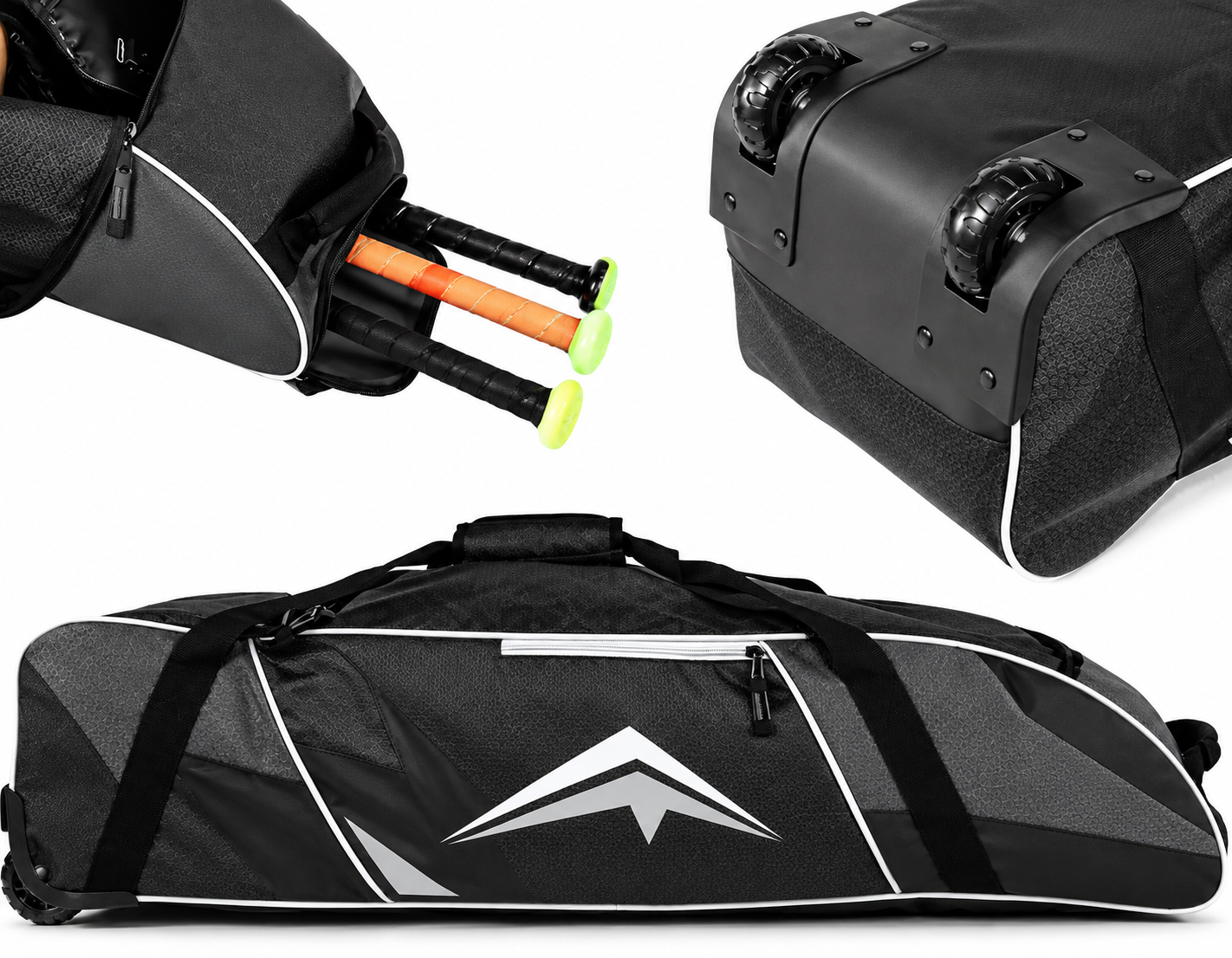 Rolling baseball bag by Athletico, in black and gray with bat storage.