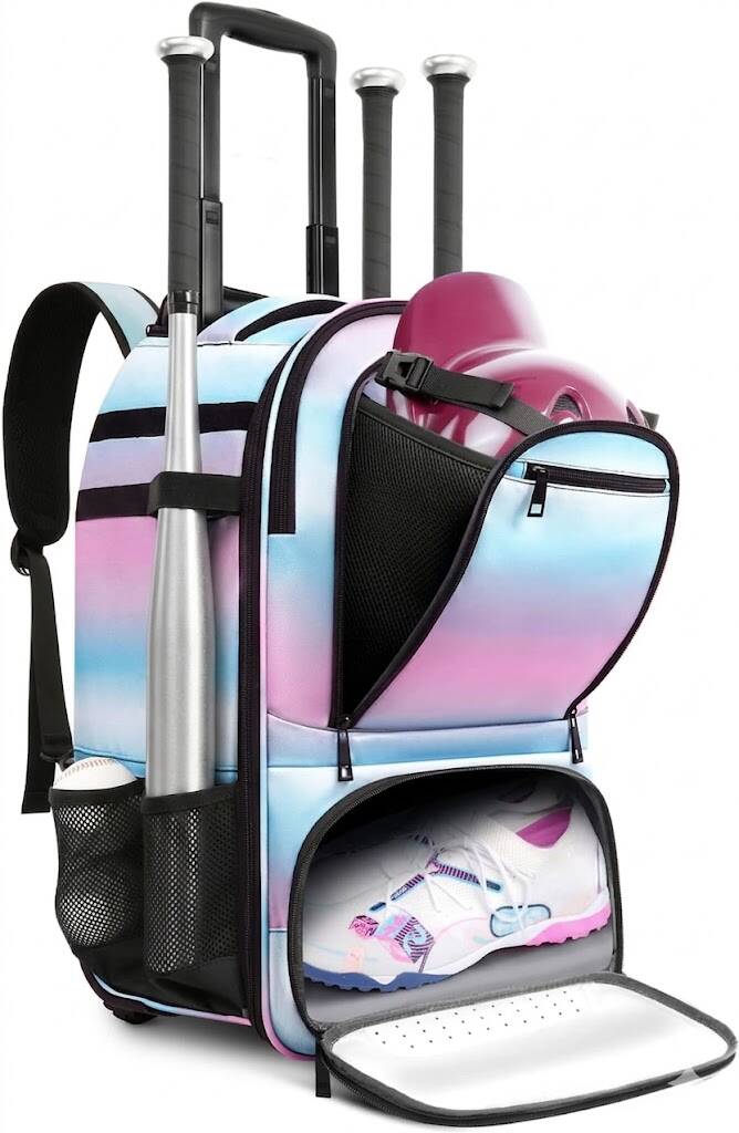 AUROTIER Rolling Baseball Backpack with Off-road Wheels handling grass dirt and asphalt terrain transitions that standard inline wheels fail on during outdoor game day navigation.