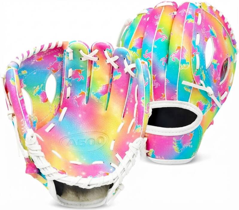 Ausletie Kids Baseball Glove, Softball Gloves, a youth fielding glove in a rainbow tie-dye finish with a unicorn print.