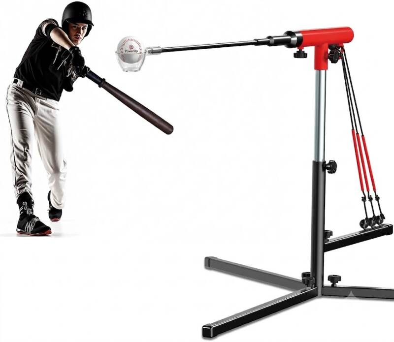 PLAYAPUT Auto Reset Hitting Trainer with 3 Power Bands, a metal-frame trainer with a triangular base and elastic power bands that reset the ball after each swing.