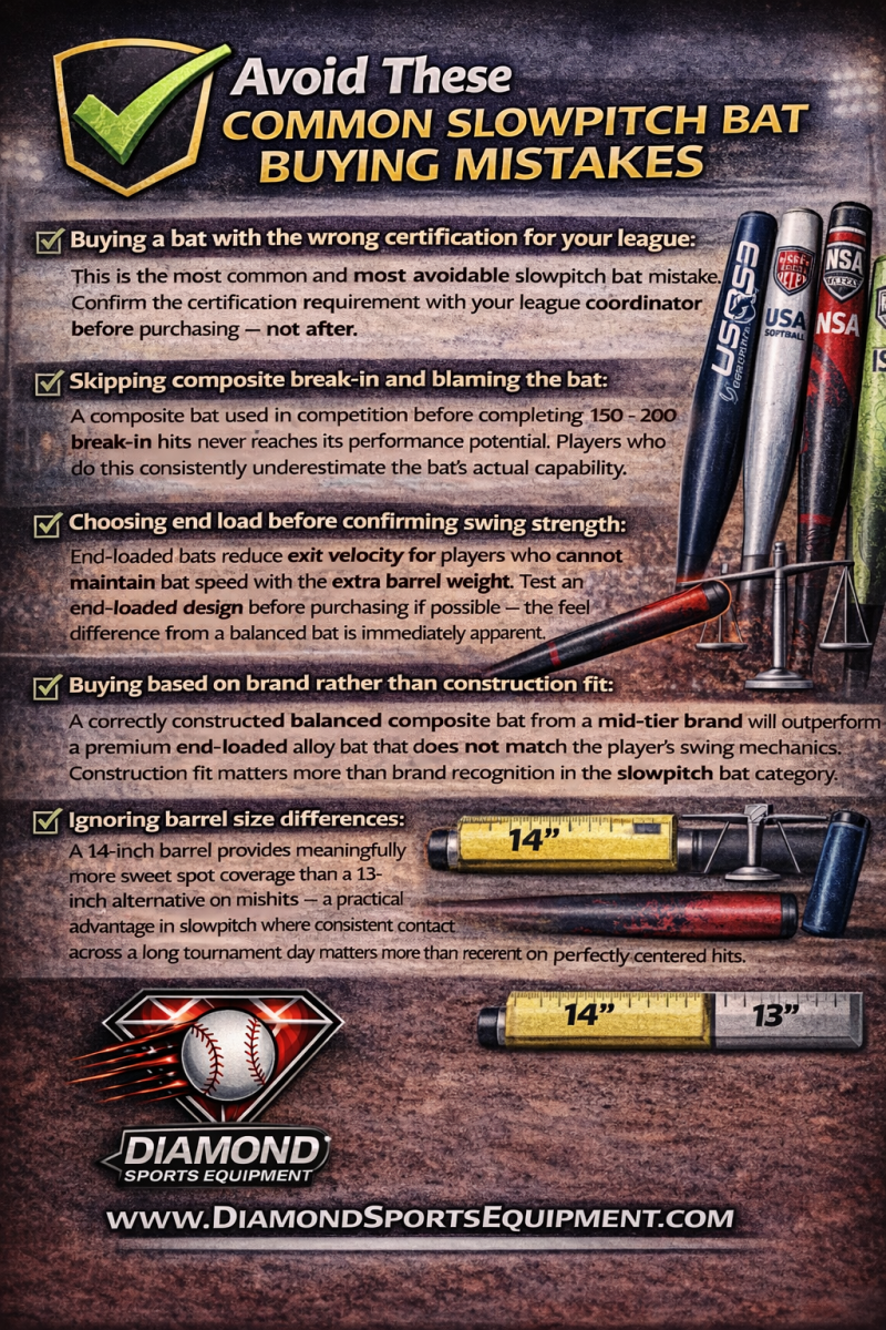 Infographic outlining common slowpitch bat buying mistakes, including incorrect certification, skipping break-in, improper swing weight, and barrel size selection.