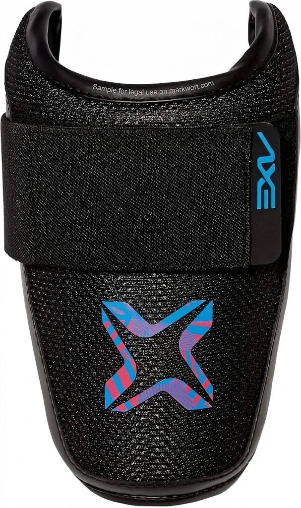 Axe Armour baseball and softball batter's elbow guard in black with blue and pink X logo accent.