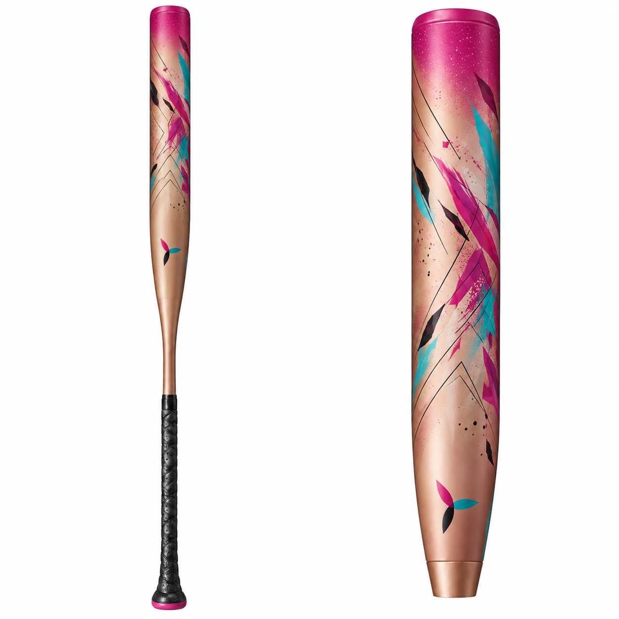 A baseball bat with a gold barrel, pink tip, and black handle.