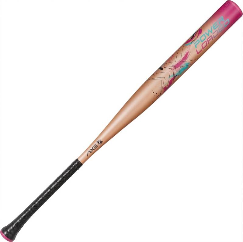 One-piece composite USSSA end-loaded slowpitch softball bat with half-ounce end load and Axe asymmetrical flared handle for competitive power hitters.