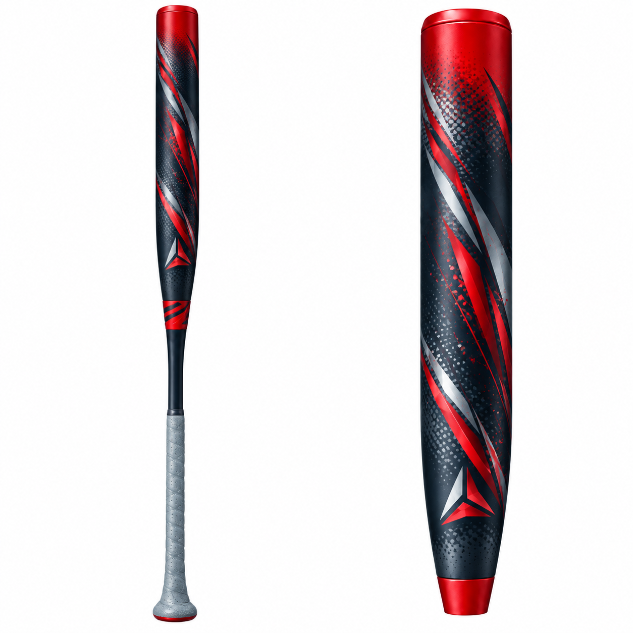 A black and red slowpitch softball bat with a grey grip on a white background.