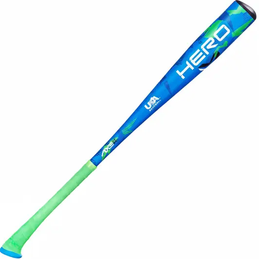 Axe Hero USA Baseball Bat with single-sided Axe handle geometry delivering biomechanically optimized hand-to-handle contact and USA-certified compliance at the most accessible entry point in the Axe youth certified lineup.