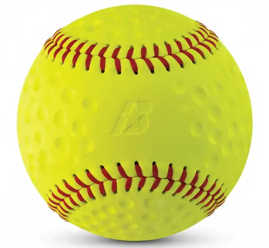 Baden 12 inch dimpled pitching machine softball with red seams for stable flight and improved hitter visibility