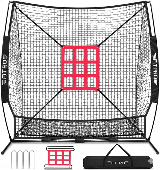 BAGAIL 7x7 ft Baseball & Softball Practice Net displayed showing its fiberglass bow frame, integrated strike zone target, and complete carry bag package.
