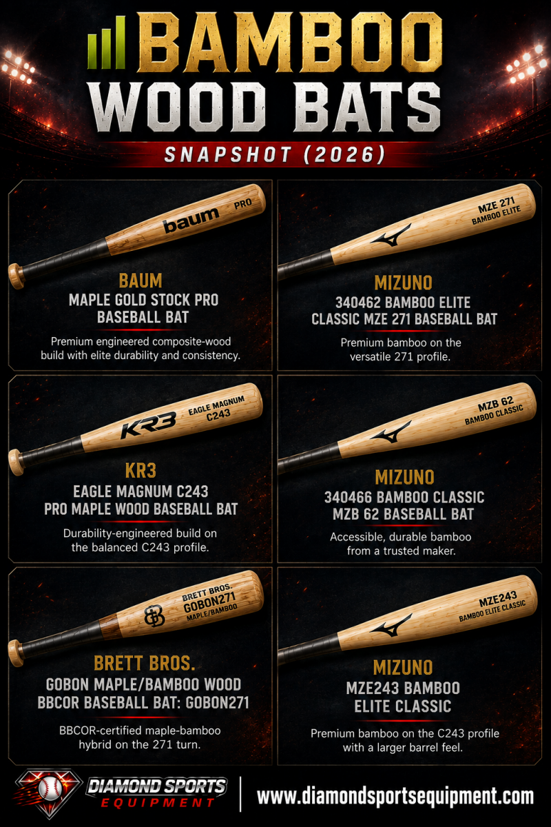Baum, Mizuno, KR3, Brett Bros., and bamboo wood baseball bats comparison snapshot featuring six bamboo bat models.