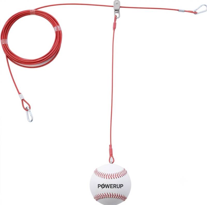 BANDUN Baseball and Softball Batting Training Rope, a PU-filled ball on a plastic-coated steel wire rope designed to hang between posts or trees.