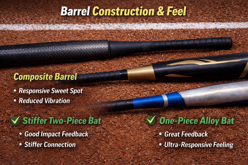 Comparison of one-piece, two-piece composite, and metal baseball bats with callouts for sweet spot, feedback, and vibration reduction.