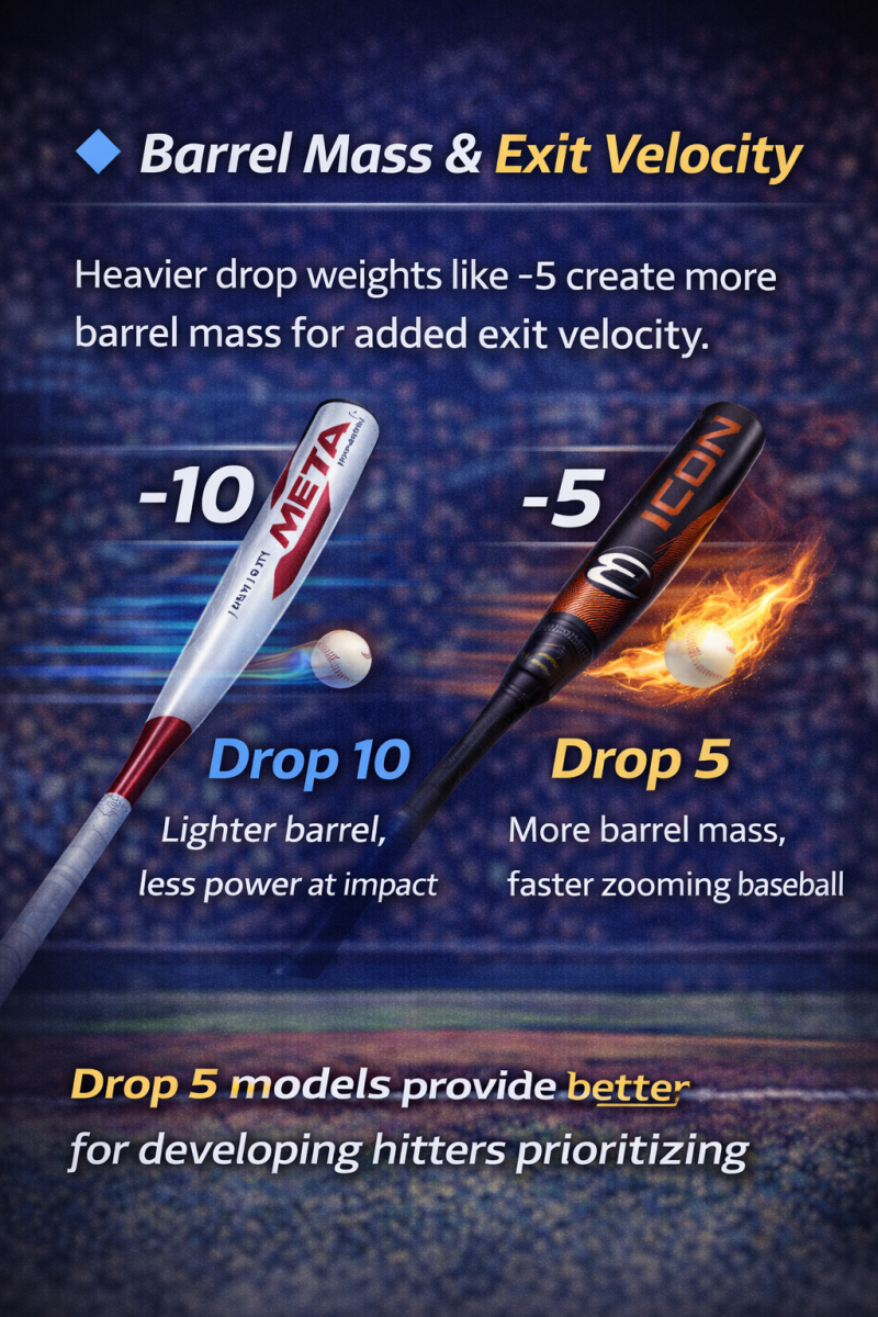 Infographic comparing barrel mass and exit velocity between drop 5 and drop 10 baseball bats for youth travel players.