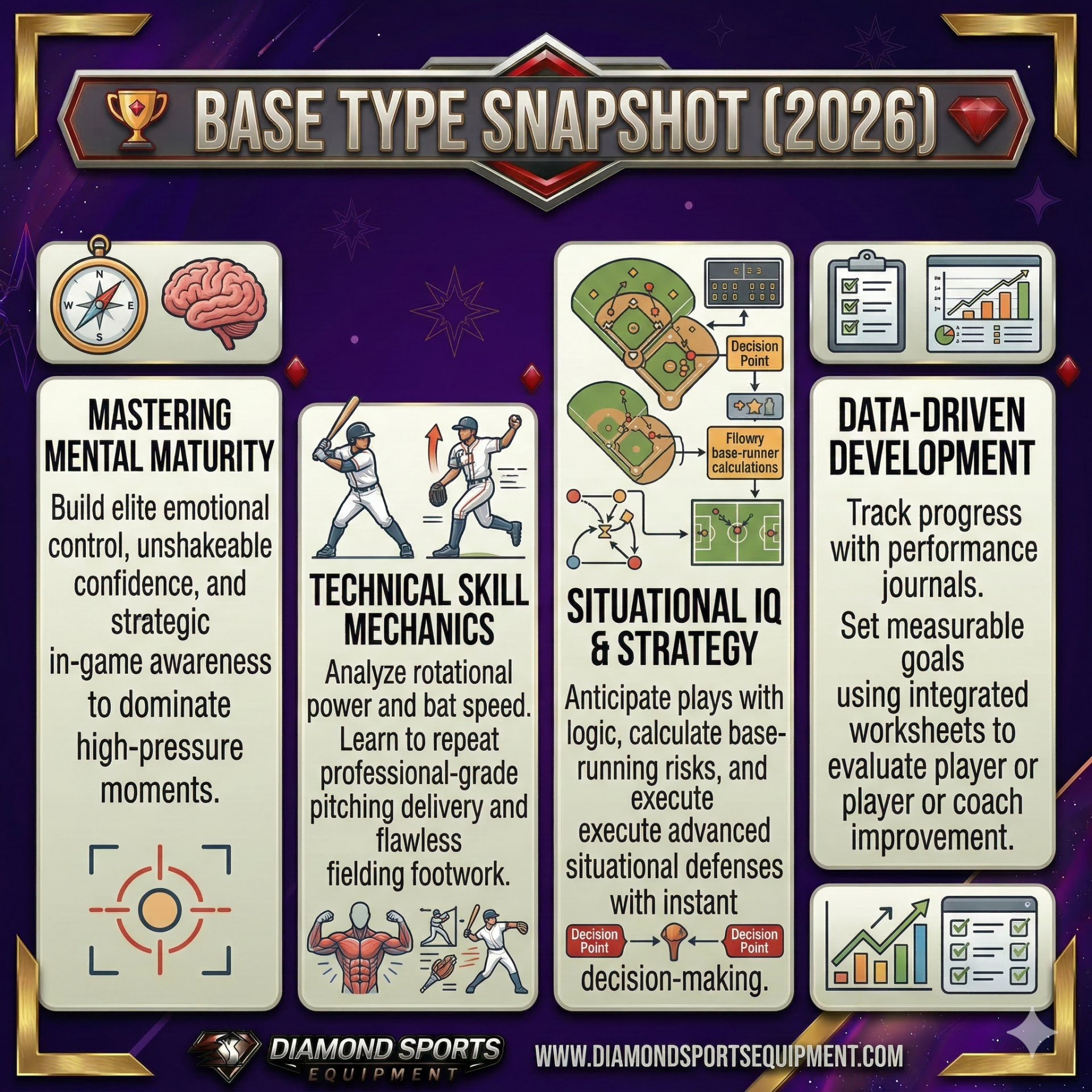 A high-resolution vertical infographic for baseball bases with 6 organized rows featuring product rankings from 🥇 to 👟 and brief performance summaries over a deep cosmic purple background.