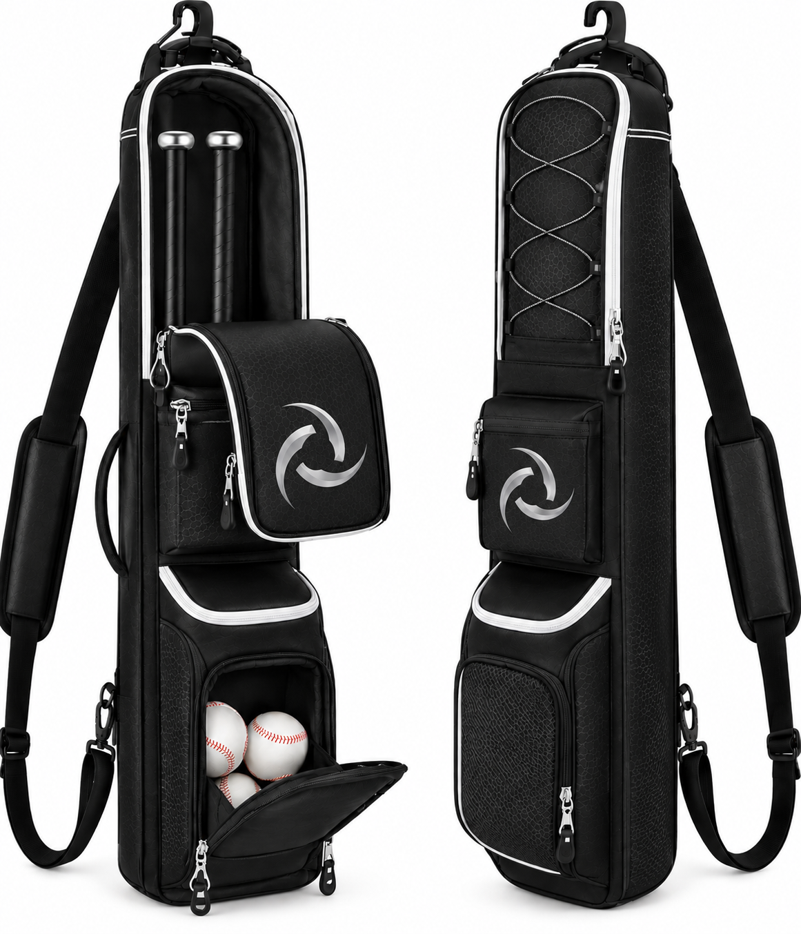 Baseball bat bag for 3 to 4 bats with fence hook, in black and white.