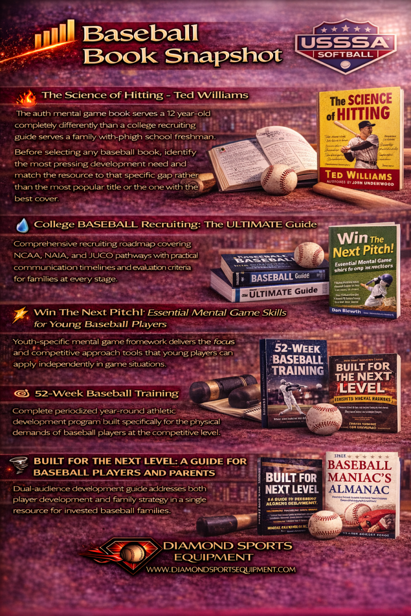 Comparison graphic featuring six baseball books covering hitting, recruiting, mental game, training programs, and baseball history with Diamond Sports Equipment branding.
