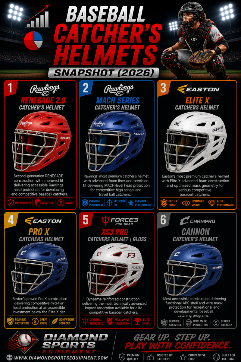 Baseball catcher’s helmets snapshot with six colored helmets on a dark background with Diamond Sports Equipment branding.