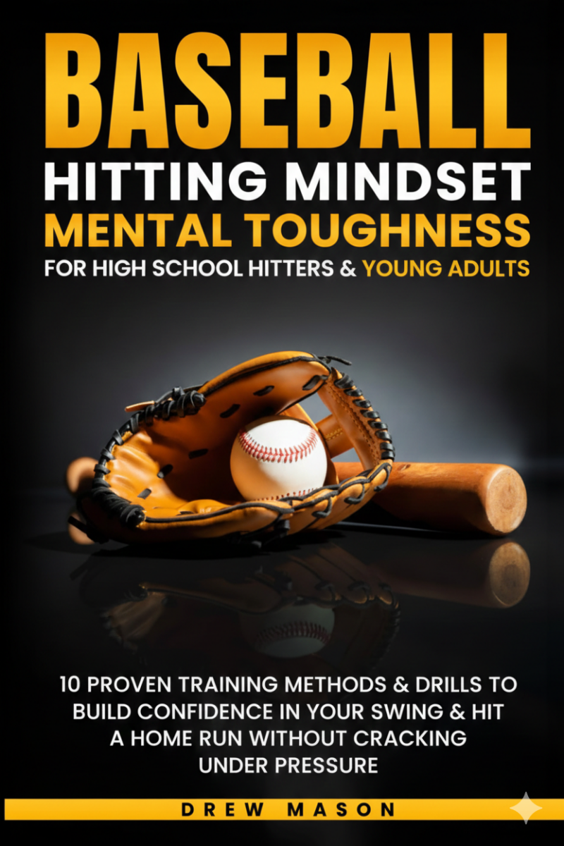 Baseball Hitting Mindset Mental Toughness for High School Hitters book cover featuring performance anxiety management and confidence development frameworks specifically written for high school and young adult players.
