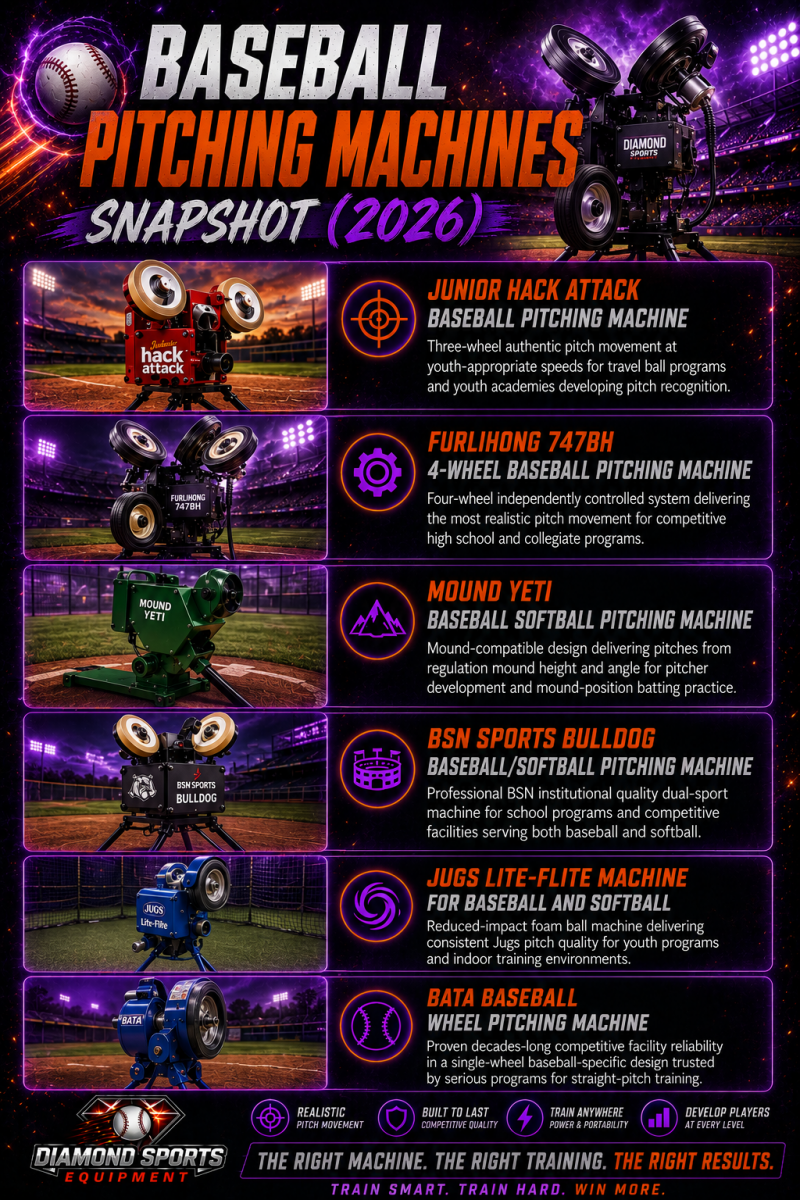 Baseball Pitching Machines Snapshot (2026) featuring Hack Attack, Furlihong, Mound Yeti, JUGS, and BATA pitching machines with Diamond Sports Equipment branding.