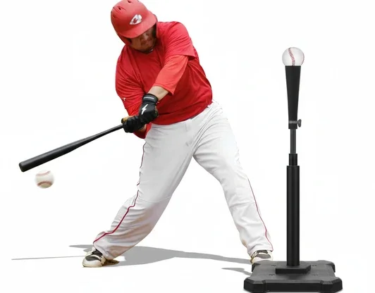 FitPlay Baseball Softball Batting Tee with adjustable telescoping stem and flexible ball rest on a neutral background.