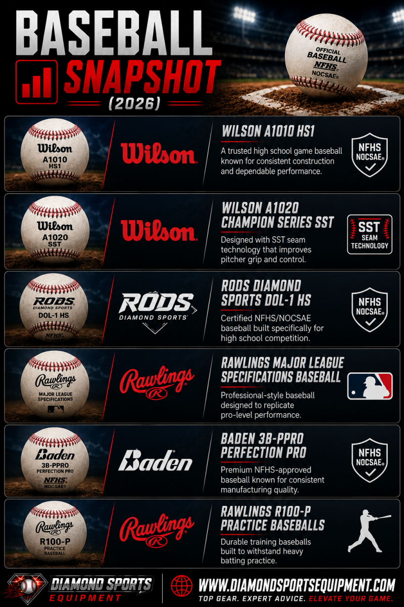 Wilson A1010 HS1, Wilson A1020 Champion Series SST, Rods Diamond Sports DOL-1 HS, Rawlings Major League Specifications Baseball, Baden 3B-PPRO Perfection Pro, and Rawlings R100-P Practice Baseballs comparison for 2026.