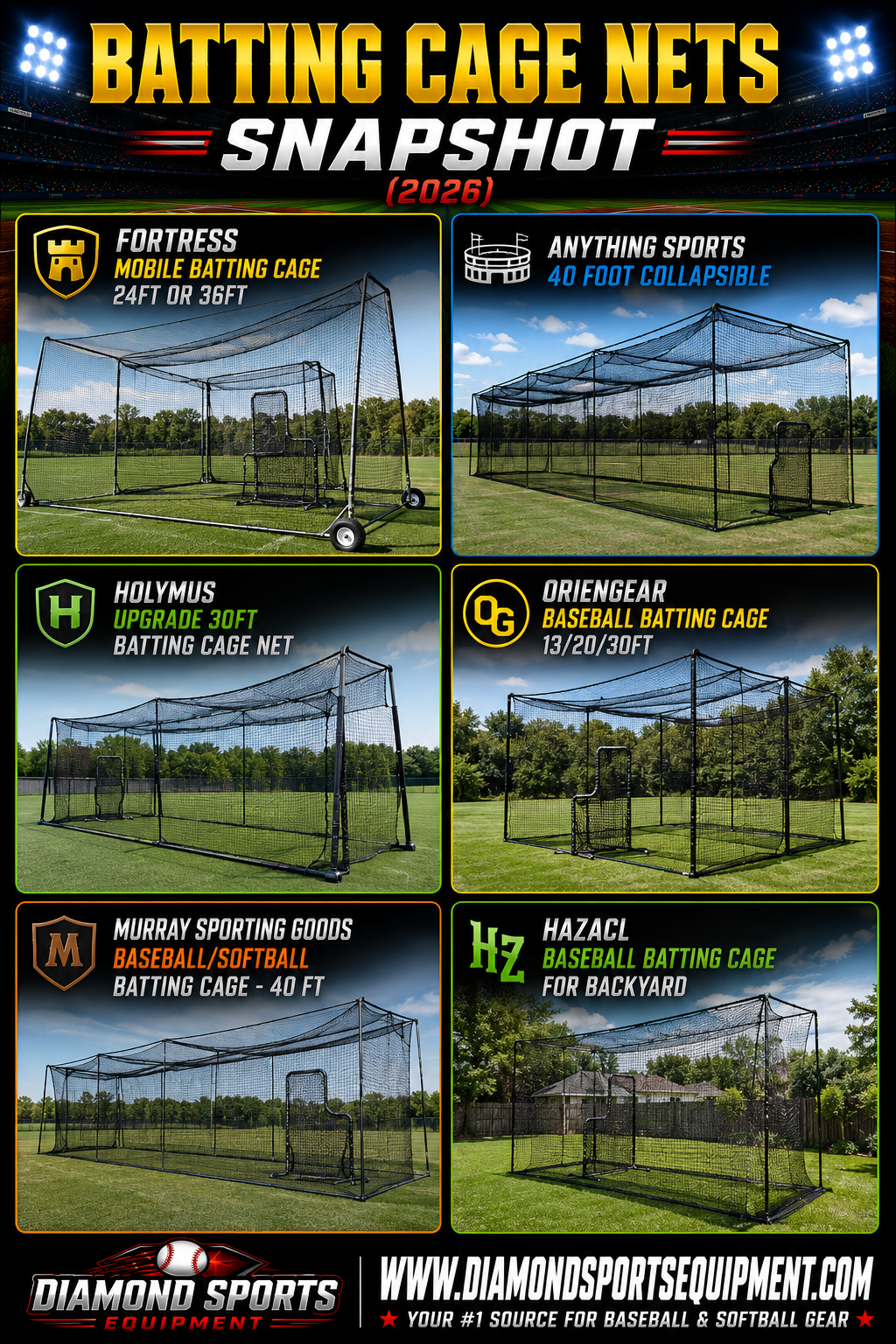 FORTRESS Mobile Batting Cage, ANYTHING SPORTS 40 Foot Collapsible Batting Cage, Holymus Upgrade 30FT Batting Cage Net, ORIENGEAR Baseball Batting Cage, Murray Sporting Goods 40 FT Batting Cage, and Hazacl Baseball Batting Cage for Backyard snapshot.