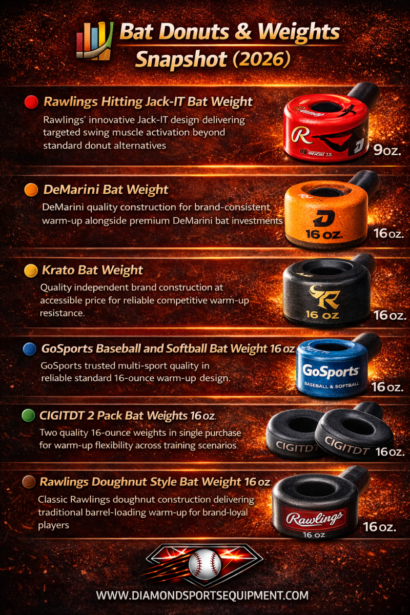 Bat weight comparison chart featuring Rawlings Jack-IT, DeMarini, Krato, GoSports 16 oz, CIGITDT 2-pack, and Rawlings doughnut style bat weights.