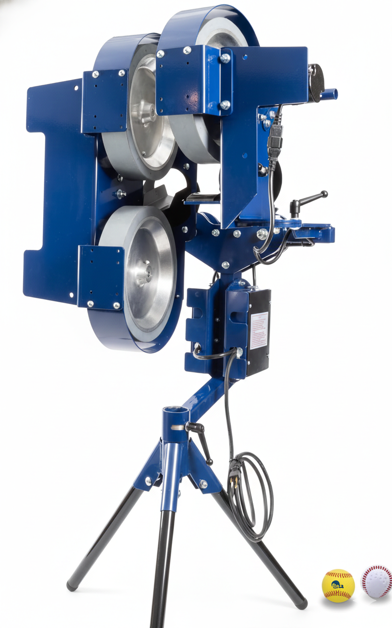 BATA three-wheel baseball pitching machine for advanced hitting and pitch recognition training.
