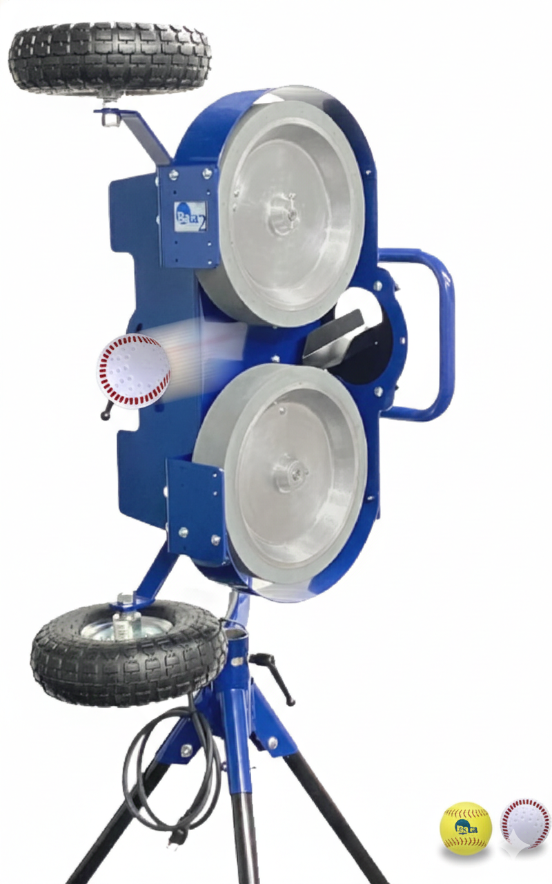 BATA Baseball and Softball Combo Wheel Pitching Machine with dual-sport wheel design serving both regulation baseballs and softballs for competitive facility programs.