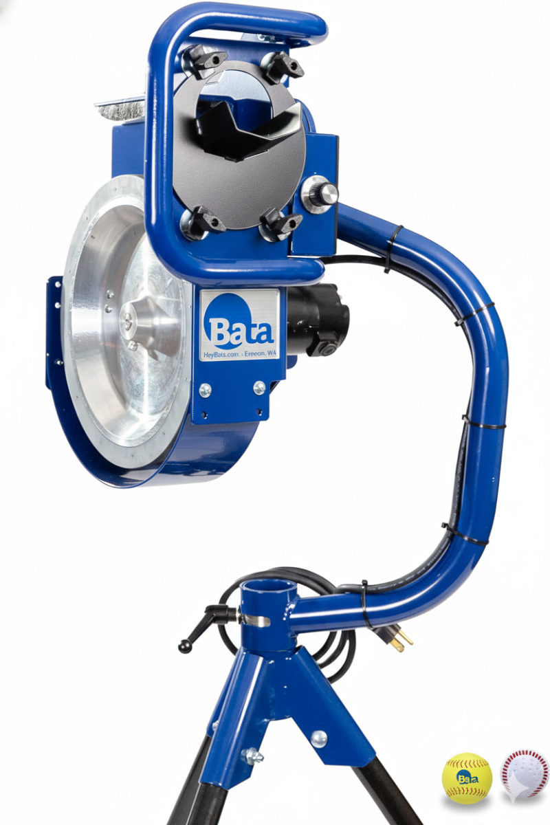 BATA Curve Wheel Baseball and Softball Combo Pitching Machine with curve wheel breaking ball capability and dual-sport combo design for breaking ball training without multi-wheel investment.