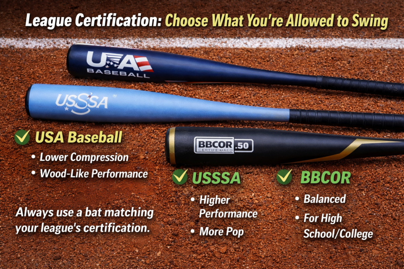 Three baseball bats labeled USA, USSSA, and BBCOR, showing league certifications and rules for legal play.