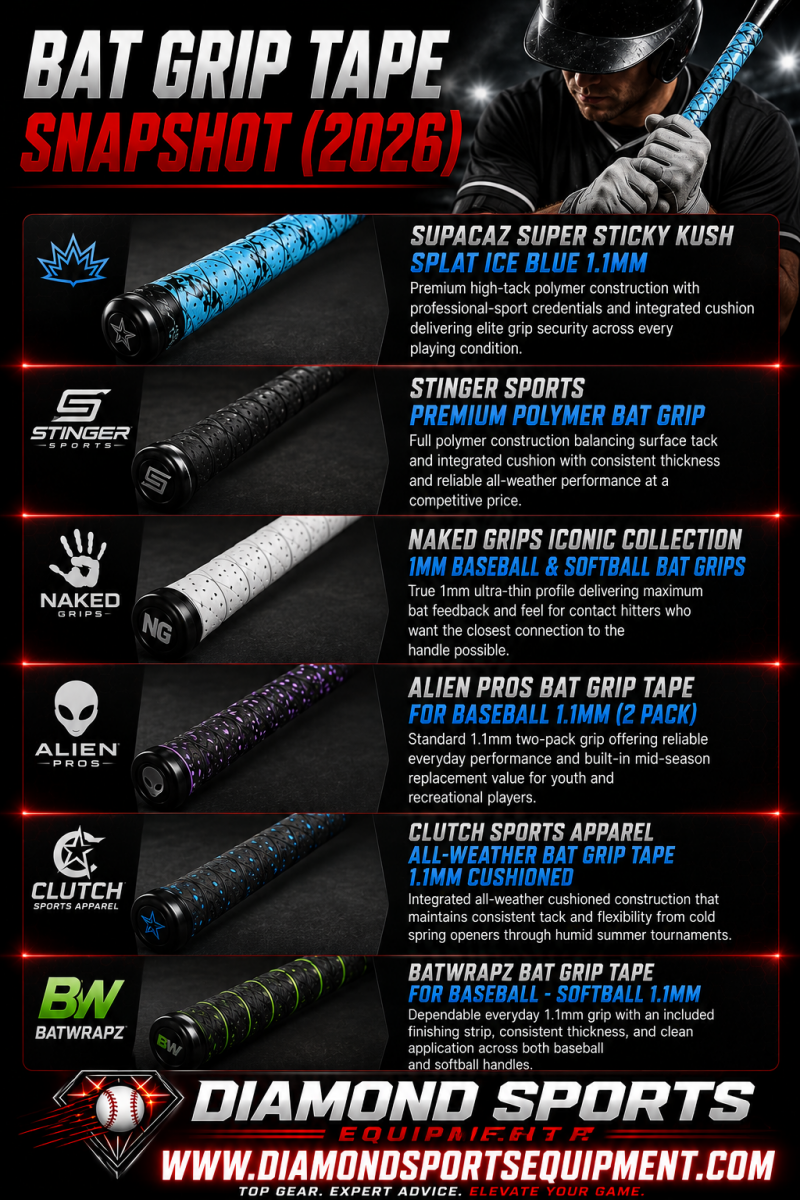 Supacaz Super Sticky Kush Splat Ice Blue 1.1mm, Stinger Sports Premium Polymer Bat Grip, Naked Grips Iconic Collection 1mm, ALIEN PROS Bat Grip Tape 1.1mm, Clutch Sports Apparel All-Weather Bat Grip Tape, and BatWrapz Bat Grip Tape comparison for 2026.