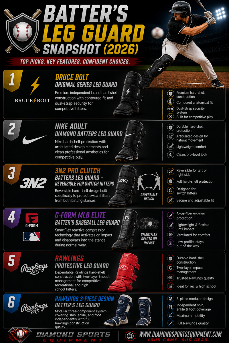Batter’s Leg Guard Snapshot infographic featuring BRUCE BOLT, Nike, 3N2, G-Form, and Rawlings batter’s leg guards on a dark stadium-style background.