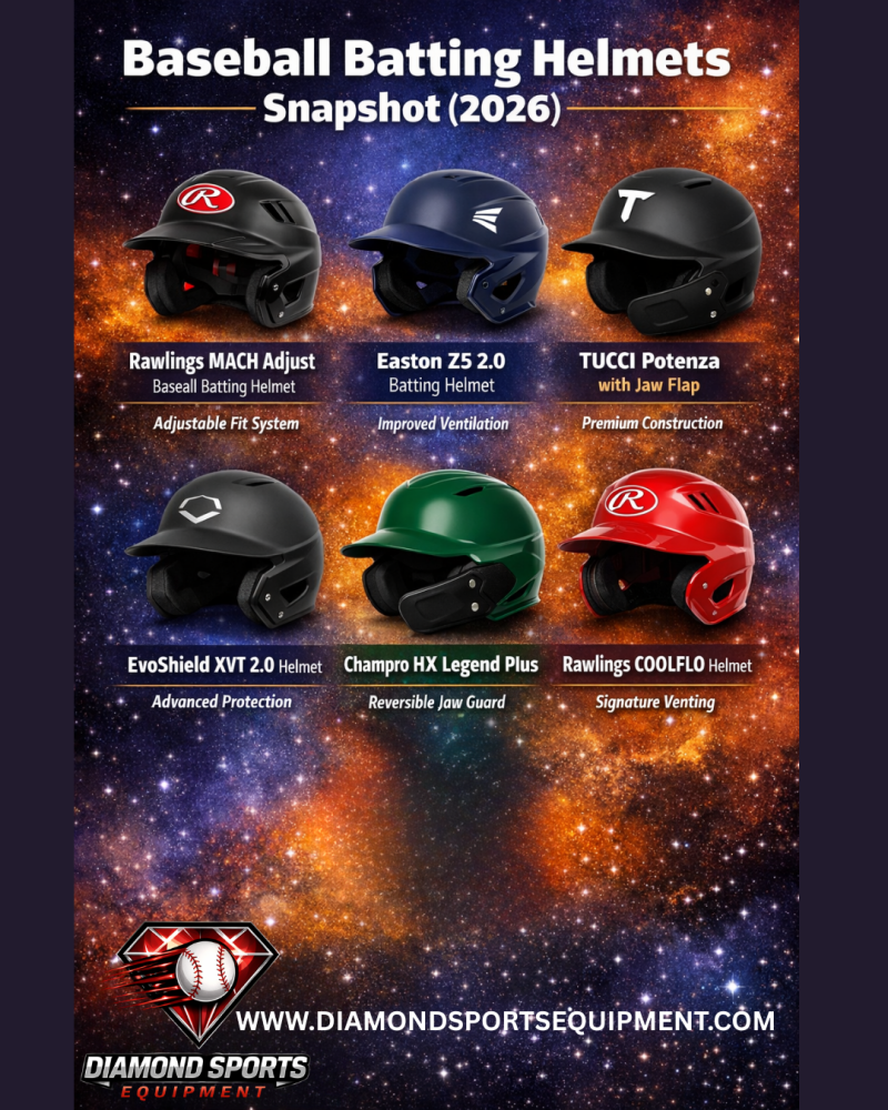 Comparison chart of six baseball batting helmets with key features and performance focus.
