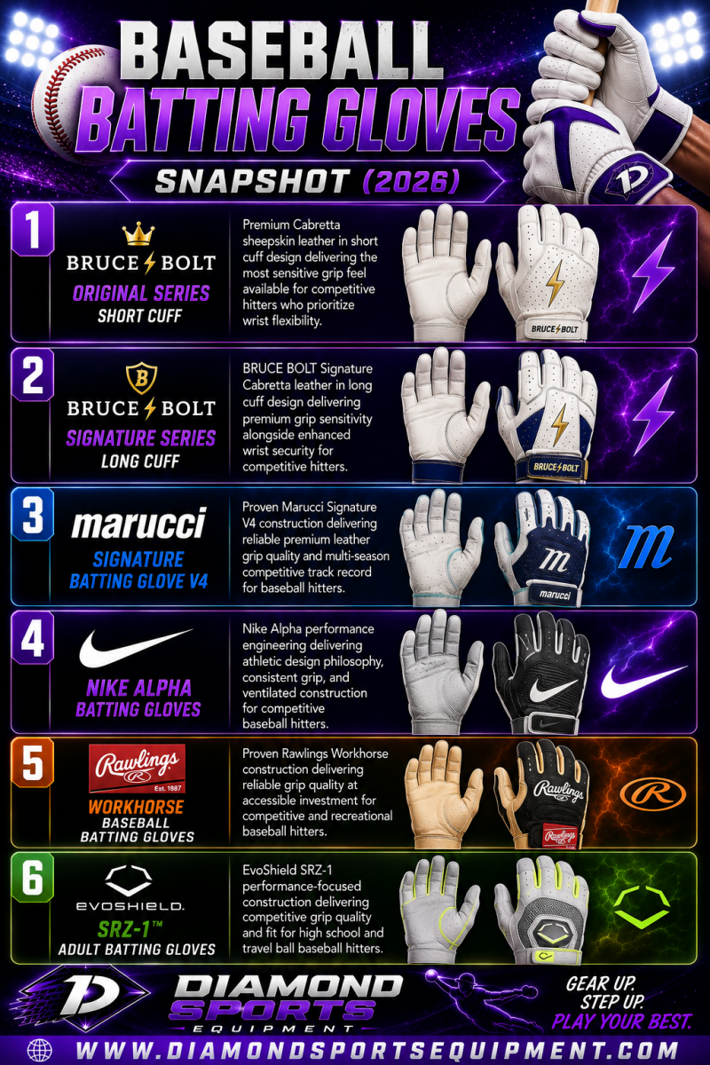 Baseball batting gloves snapshot featuring six batting glove models for competitive and recreational baseball hitters.