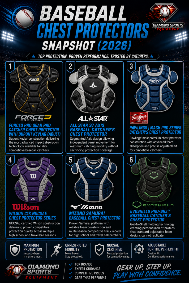 Baseball chest protectors snapshot infographic showing six protectors in a clean 2x3 grid on a dark stadium background with product names and Diamond Sports Equipment logo and URL in the bottom left.