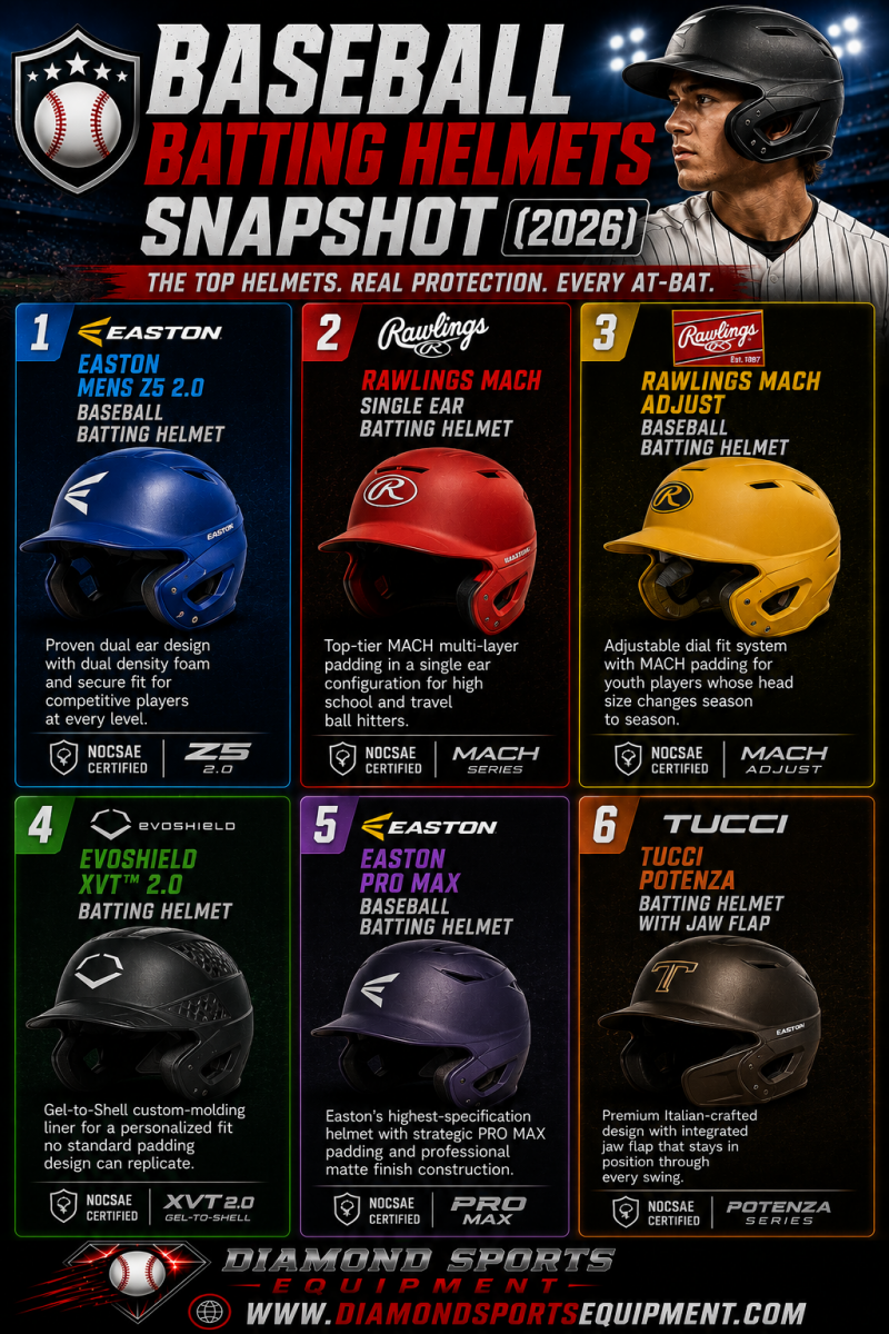 Baseball Batting Helmets Snapshot infographic featuring Easton, Rawlings, EvoShield, and TUCCI batting helmets on a dramatic stadium-style background.