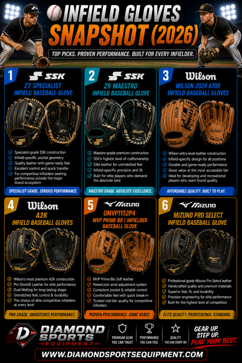 Infield gloves snapshot showing six gloves in a two-row grid on a dark stadium background with Diamond Sports Equipment branding.
