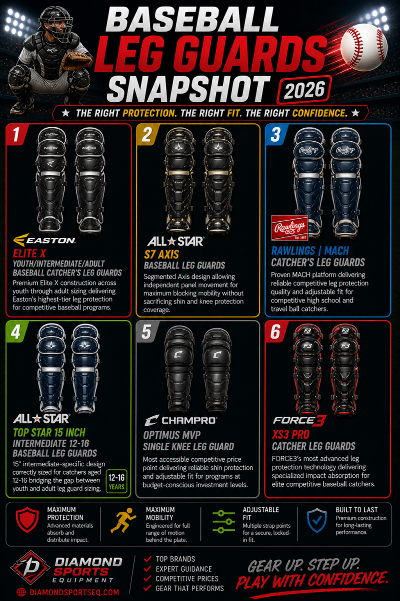 Baseball catcher’s leg guards snapshot infographic showing six leg guard sets in a clean 2x3 grid on a dark stadium background with product names and Diamond Sports Equipment logo and URL in the bottom left.