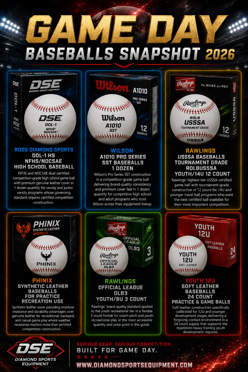 Game day baseballs snapshot graphic featuring NFHS, Wilson, Rawlings, PHINIX, and youth practice baseballs with competition-grade leather covers, youth training baseballs, and Diamond Sports Equipment branding on a dark cosmic stadium background.