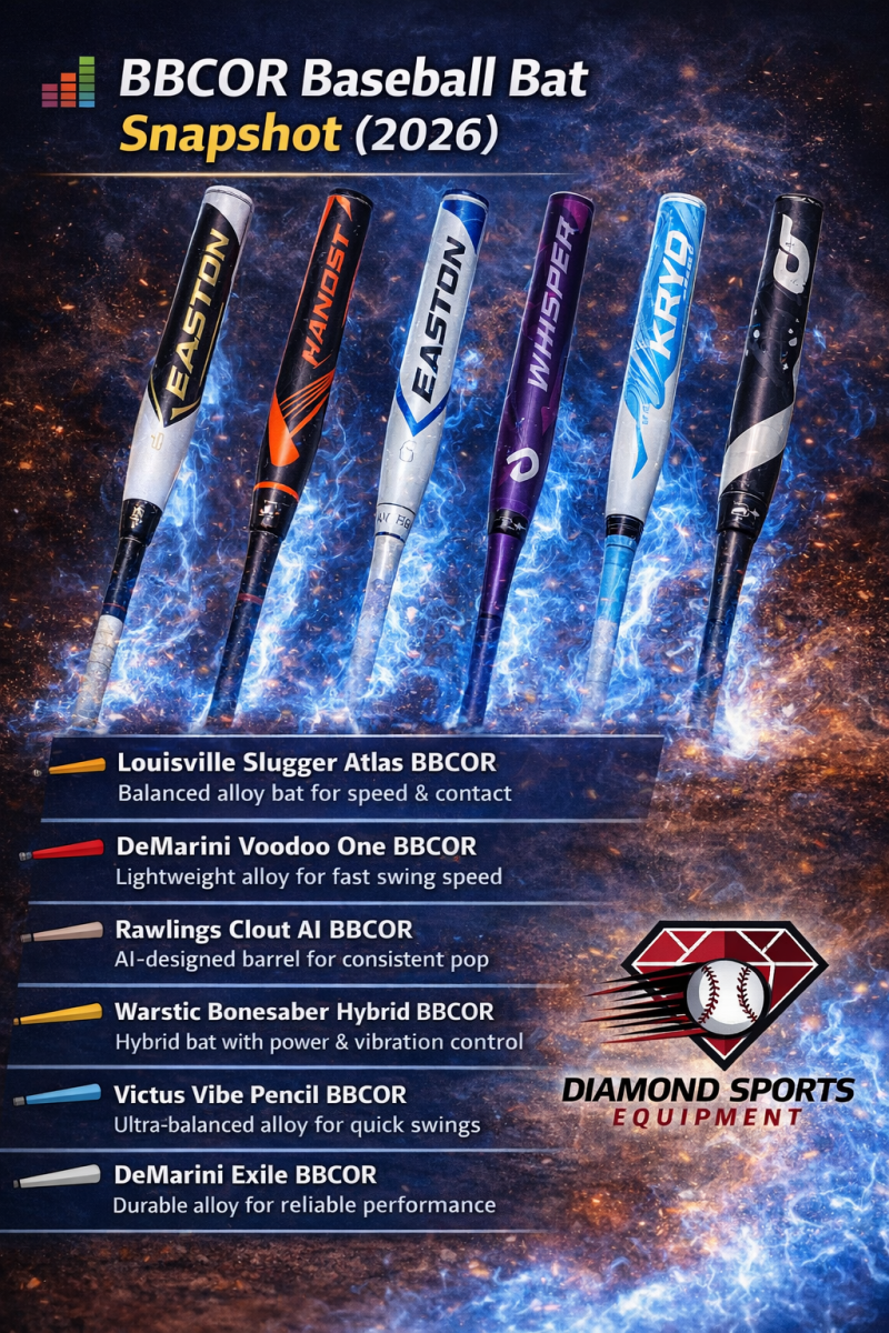 BBCOR baseball bat comparison infographic featuring Louisville Slugger Atlas, DeMarini Voodoo One, Rawlings Clout AI, Warstic Bonesaber Hybrid, Victus Vibe Pencil, and DeMarini Exile bats.