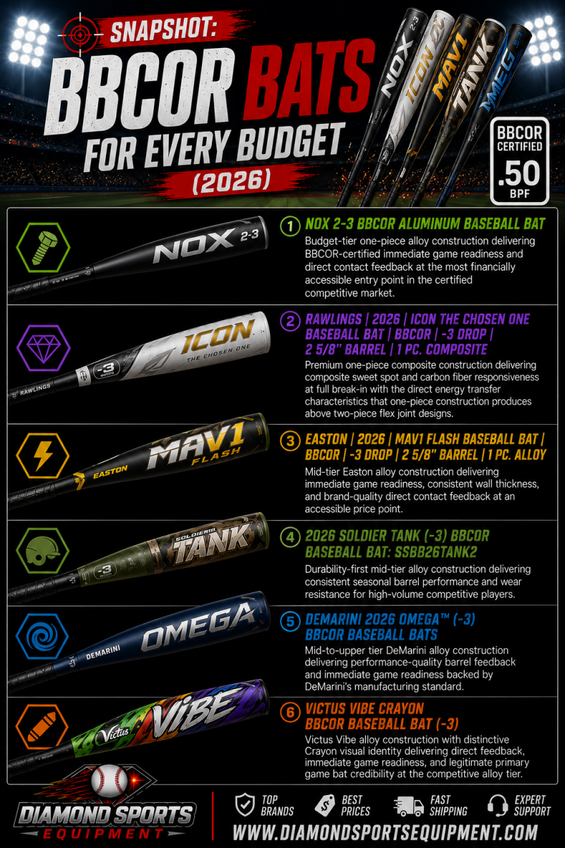 NOX 2-3 BBCOR Aluminum Bat, Rawlings ICON The Chosen One, Easton MAV1 Flash, Soldier Tank, DeMarini Omega, and Victus Vibe Crayon featured in the BBCOR Bats for Every Budget Snapshot (2026) infographic.