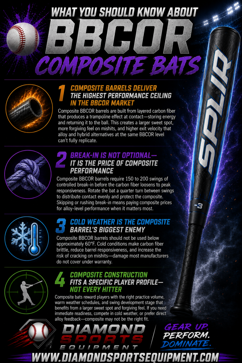 Easton Rope BBCOR, Louisville Slugger Meta BBCOR, Rawlings ICON BBCOR, Victus Vandal Lev3 BBCOR, DeMarini Zoa BBCOR, and Soldier Tank BBCOR composite baseball bats featured in a BBCOR composite bat performance infographic.