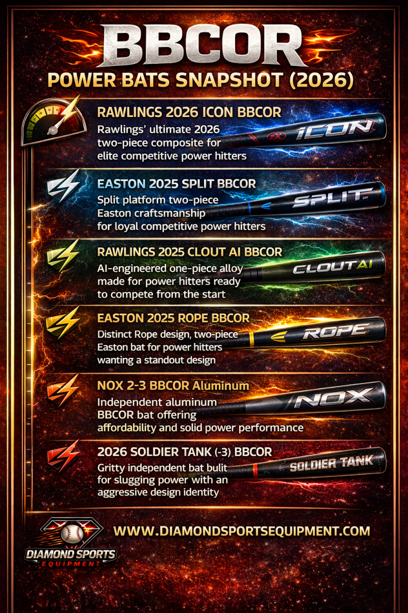 BBCOR power bats comparison chart featuring Rawlings Icon Easton Split Clout AI Rope NOX and Soldier Tank bats