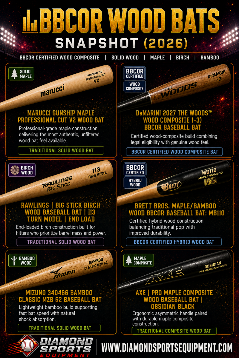 BBCOR Wood Bats Snapshot (2026) comparing six wood bats across solid wood, BBCOR-certified composite, maple, birch, and bamboo construction.