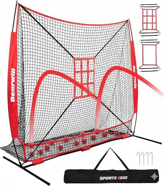 Bearwill Baseball Net 7x7 with large integrated ball collection system on a neutral background.