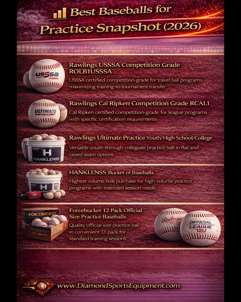 Best baseballs for practice featuring Rawlings USSSA, Cal Ripken, Ultimate Practice, HANKLENSS bucket, Forcebucket 12-pack, and Rawlings 12U league balls.
