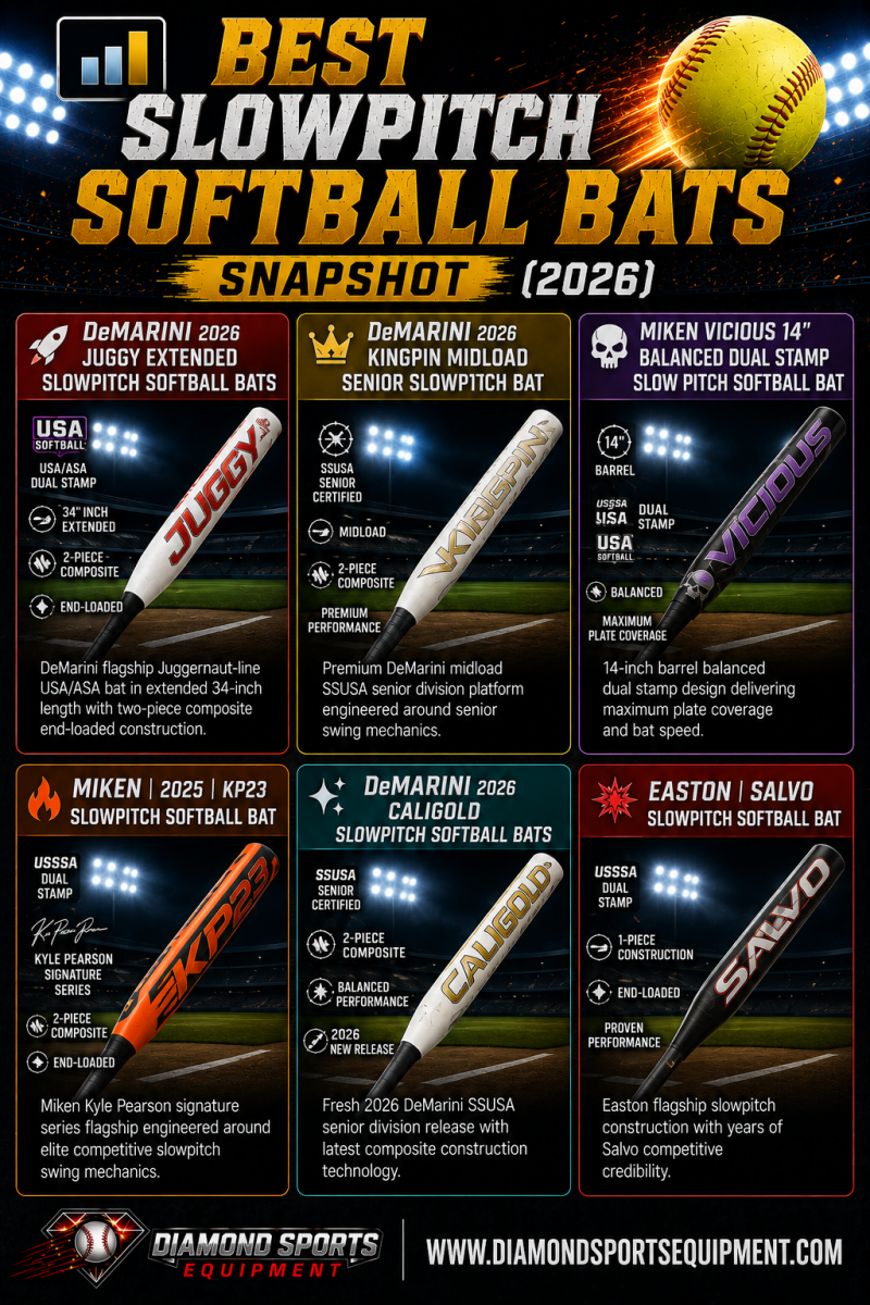 DeMarini Juggy Extended, DeMarini Kingpin Midload, Miken Vicious 14" Balanced Dual Stamp, Miken KP23, DeMarini Caligold, and Easton Salvo featured in a Best Slowpitch Softball Bats Snapshot (2026).