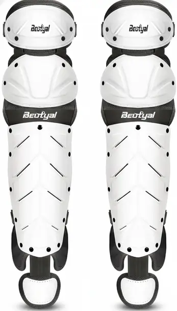 Beutyal Baseball Softball Catcher Leg Guards displayed showing their accessible crossover construction and basic shin protection design for recreational catchers.