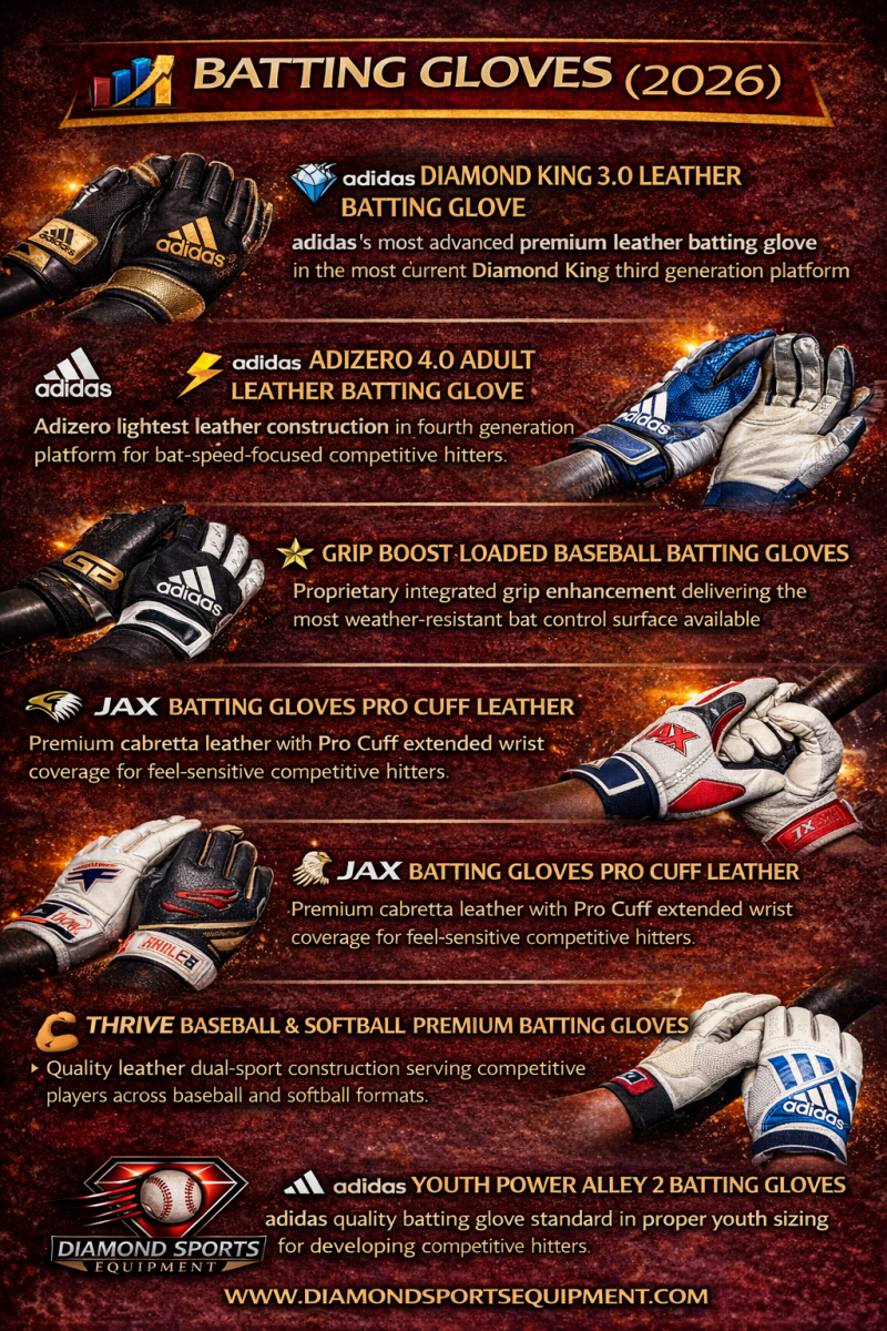 Infographic showcasing the best batting gloves for 2026, featuring adidas, Grip Boost, JAX, and Thrive models with premium leather construction, enhanced grip technology, and performance-focused designs.